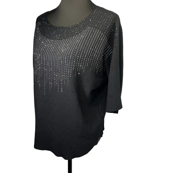 Luna, ribbed short sleeve silver black rhinestone embedded vent stretchy top XL - Picture 2 of 8